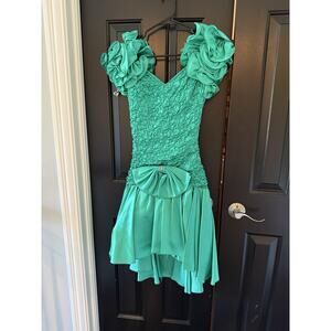 Vintage Teal Ruffle Sleeve Dress with Bow Detail